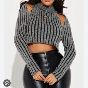 Fashion Nova Black and Gray Striped Cropped Sweater